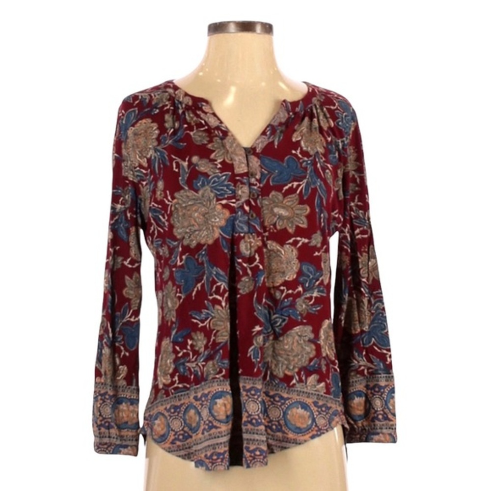 Lucky Maroon Paisley Long Sleeve V-Neck Top Boho Size small